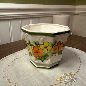Vintage Relpo Octagon 6584 Planter White Green Details Orange & Yellow Flowers
